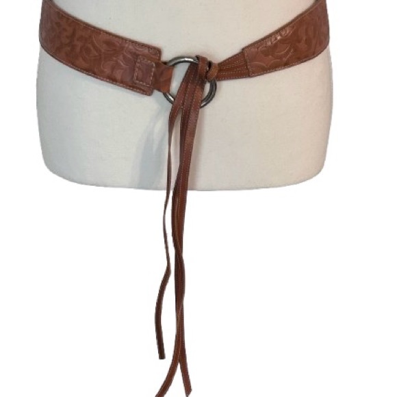 Harold’s Leather Brown Belt Fringe Brown Embossed Tooled Floral Boho Vintage SM - Picture 3 of 11